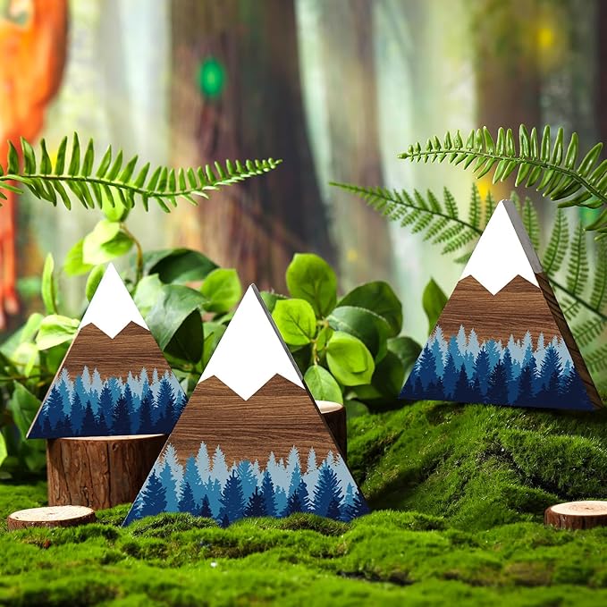 Maitys 3 Pcs 3 Size Mountain Shelf Decor Mountain Wooden Sign Farmhouse Wood Forest Sign Woodland Nursery Decor Travel Adventure Table Centerpiece for Home Farmhouse(Blue)