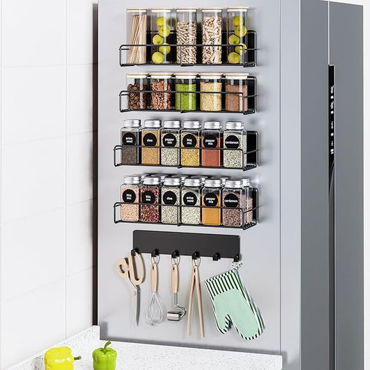 Mystozer 5 Pack Moveable Magnetic Spice Rack Organizer With 6 Hooks for Refrigerator, Metal Fridge Shelf Magnetic Basket for Fridge Kitchen Spice Organizer (Black)