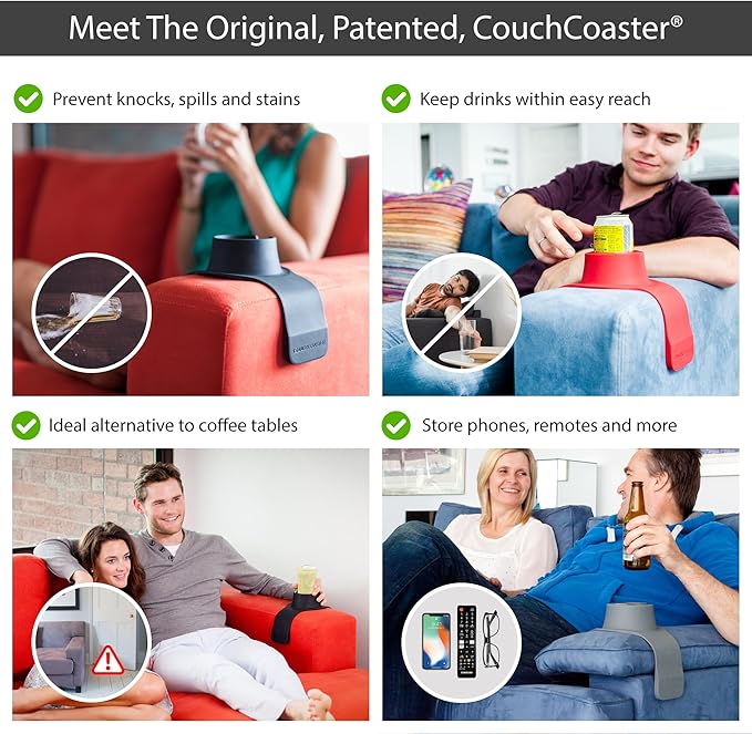 HIT PRODUCTS CouchCoaster® - Original & Patented Armrest Couch Cup Holder, Steel Grey - A Weighted, Silicone, Anti Slip Coaster Stops Spills On Your Sofa, Armchair Or Recliner & Keeps Drinks in Reach