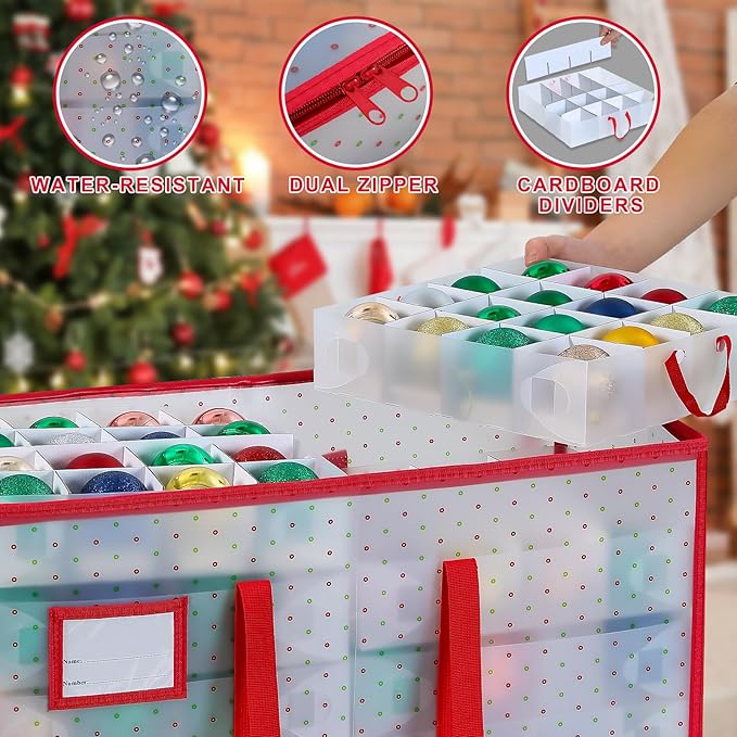 Portable Waterproof Christmas Decoration Ball Storage Box - Stores 128 Ornaments, 3-inch Balls, 8 Independent Layered Trays, Foldable for Easy Access