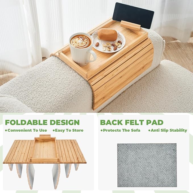 LOVYANXUE Bamboo Sofa Arm Tray, Anti Falling Couch Arm Tray Armrest Table with 360° Rotating Phone Holder, Foldable and Portable Sofa Armrest Trays Cup Holder for Drink,Cups, Phone, Snacks, Remote