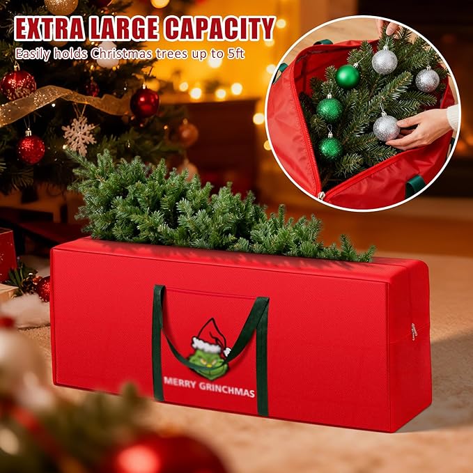 Christmas Tree Storage Bag 6ft Christmas Tree Zipper Bags 600D Oxford Fabric Extra Large Christmas Tree Decorations Storage Container with Reinforced Handles (39x17x11in, Red)