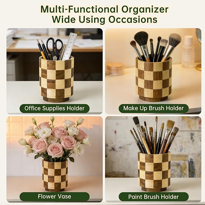 Wooden Utensil Holder, 360° Rotating Acacia Wood Kitchen Utensil Holder for Countertop, 7.2" Non-Slip Large Utensil Holder for Kitchen, Farmhouse Countertop Decor, Spatula Holders, Checkered