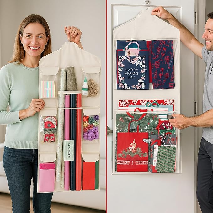 Wrapping Paper Organizer Storage – Double-Sided Hanging Gift Wrap Holder with Wooden Hanger – Over the Door or Closet Storage for Gift Bags with Pockets – For Christmas, Birthdays & Special Occasions.
