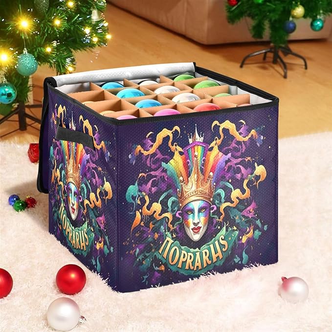 Kigai Carnival Mask Christmas Ornament Storage Box with Zipper & Adjustable Dividers Holiday Ornament Organizer Xmas Storage Container, 64 Balls