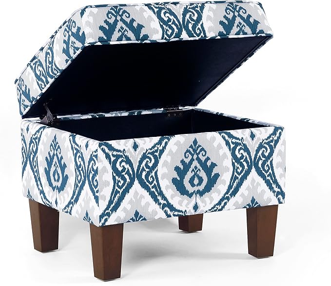 Homepop Home Decor |K7646-A877| Upholstered Modern Rectangular Storage Ottoman | Hinged Lid Ottoman with Storage for Living Room & Bedroom, Blue Ikat Medallion Print