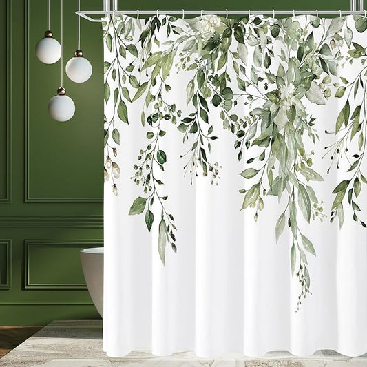 Gibelle Extra Long Shower Curtain 72 x 84, Tall Olive Green Floral Shower Curtain for Bathroom, Watercolor Plant Eucalyptus Leaves Fabric Shower Curtain Set
