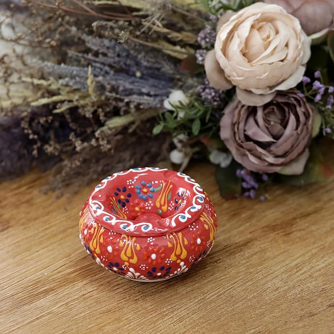 Decorative Ceramic Jar-Colorful Decorative Jar with Lid-Handmade Small Decorative Jar-Windproof Unique Jars-Turkish Home Decor (Red)
