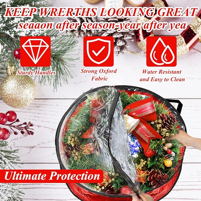 6 Pack Wreath Storage Container, 30" Christmas Wreath Storage Container, Plastic Decorative Wreath Storage Bag with Sturdy Handles for Holiday Seasonal Wreath, Red
