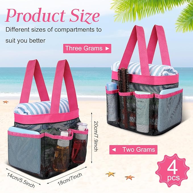 Hillban 4 Pcs Mesh Shower Caddy Portable Shower Caddy for Dorm Beach Mesh Bags with Deeper 8 Pockets and Handles Showers Caddies Basket for Women College Room Vacation(Rose Red)