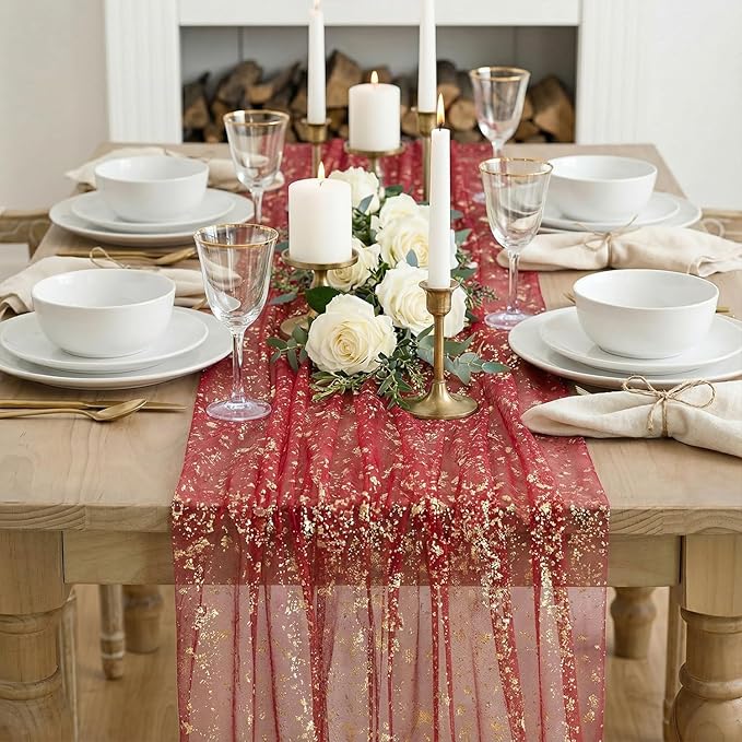 Artoid Mode Red Gold Gauze Table Runner 59x120 Inch 10FT, Glitter Metallic Foil Sheer Dining Wedding Anniversary Holiday Table Decor for Home Party