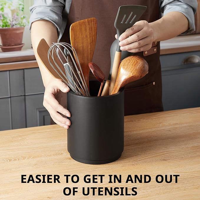 Bivvclaz Wooden Utensil Holder, 360°Rotating 7.2" Utensil Holder for Kitchen Counter, Large Kitchen Utensil Holder, Cooking Utensil Crock for Countertop, Black Kitchen Decor and Accessories