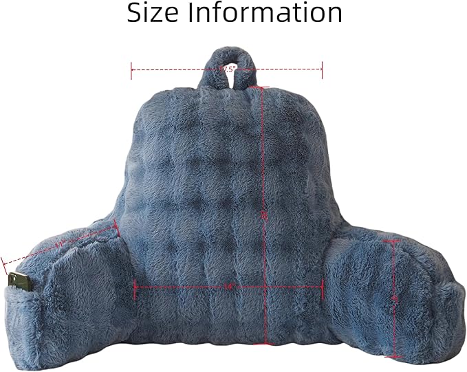 Yaoshuho Faux Fur Reading Pillow for Sitting in Bed, Large Backrest Bed Pillow with Arms, Back Support Pillow for Lounging Bedrest, Dusty Blue