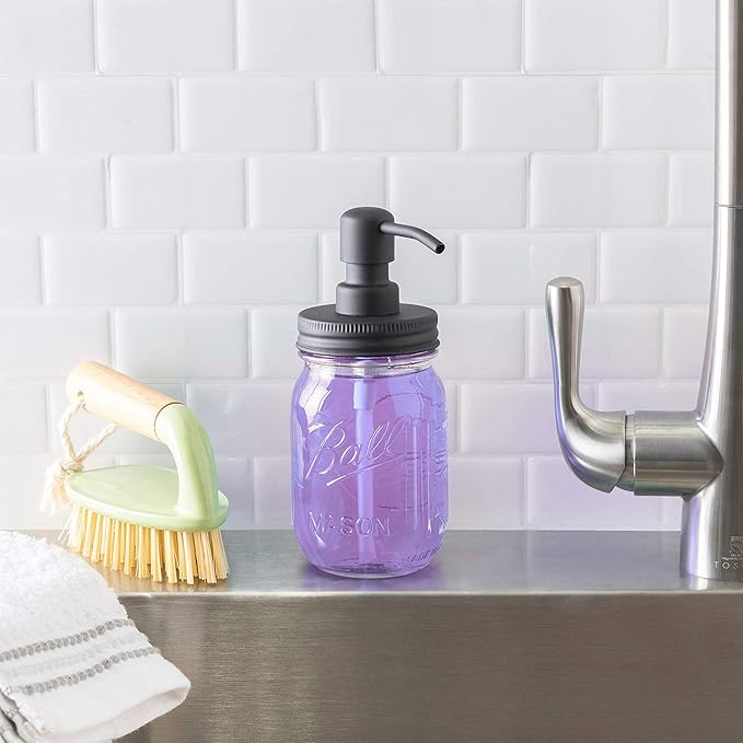 Jarmazing Products Mason Jar Soap Dispenser - Black - with 16 Ounce Ball Mason Jar - Made from Rust Proof Stainless Steel - Two Pack