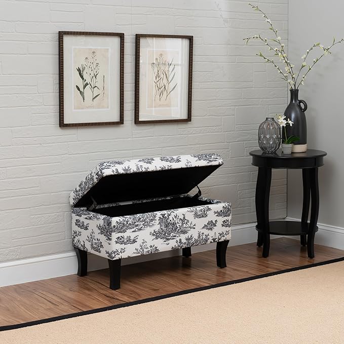 Linon Stephanie Black and White Toile Fully Upholstered Bench with Hidden Interior Storage