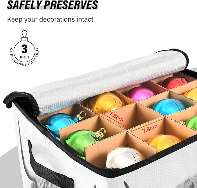 Kigai Highland Cow Christmas Ornament Storage Box with Zipper & Adjustable Dividers Holiday Ornament Organizer Xmas Storage Container, 64 Balls