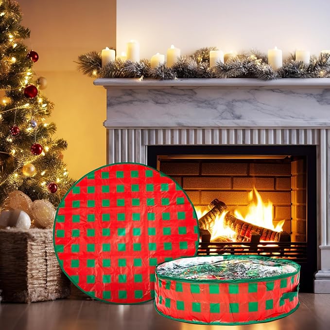 Aliceset 4 Pack Wreath Storage Containers, Ornament Garland Wreath Storage Bags with Handle Zipper Decorative Storages Box for Winter Valentine Wreaths(30 x 30 x 7.8 Inch,Red Green Plaid)