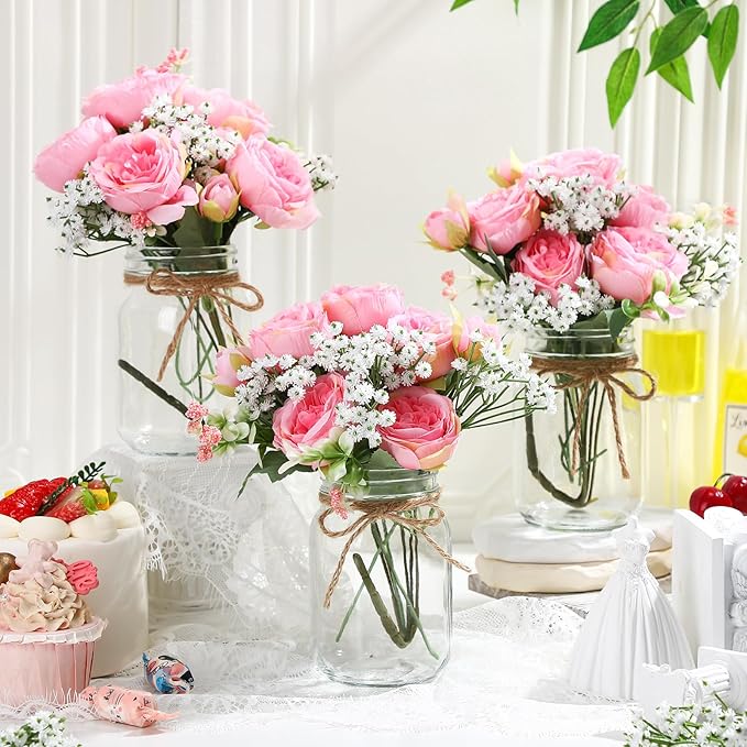 Zeyune Mason Jar Centerpiece Table Decorations, Artificial Peony Baby's Breath Flower Bouquets, Faux Flowers with Vase, Rustic Decor Gifts for Home, Wedding, Holiday(6 Sets,Coral Pink)