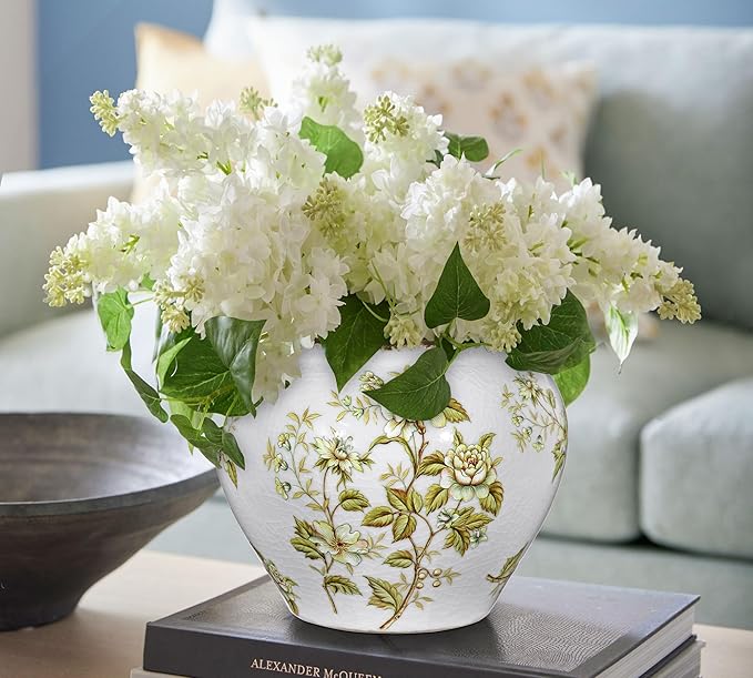 Hollyone White Vase Ceramic Chinoiserie Porcelain Vase 7inch Flower Vases Classic Decorative Floral Vases for Bedroom Living Room Console Table Accent Shelf Tabletop Home Decor