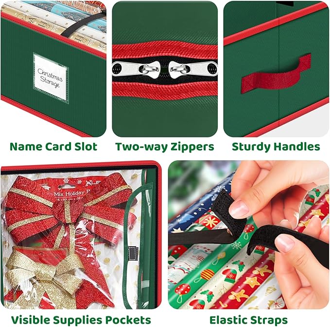 Fabspace Christmas Wrapping Paper Storage Containers, 40 Inch Gift Wrap Organizer, Visible Supplies Pockets for Xmas Accessories, Underbed Storage for Christmas Decorations, Green