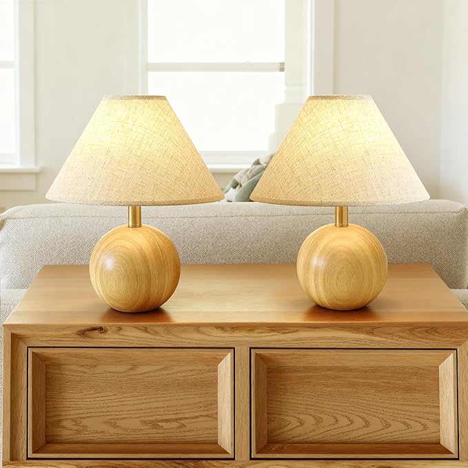 Table Lamp for Living Room,Wood Base Flaxen Fabric Shade Desk Lamp for Bedroom,Small Décor Ambient Bedside Lamps for Night Stands,LED Bulb (not Included) (2 Pack)