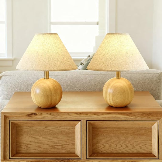 Table Lamp for Living Room,Wood Base Flaxen Fabric Shade Desk Lamp for Bedroom,Small Décor Ambient Bedside Lamps for Night Stands,LED Bulb (not Included) (2 Pack)
