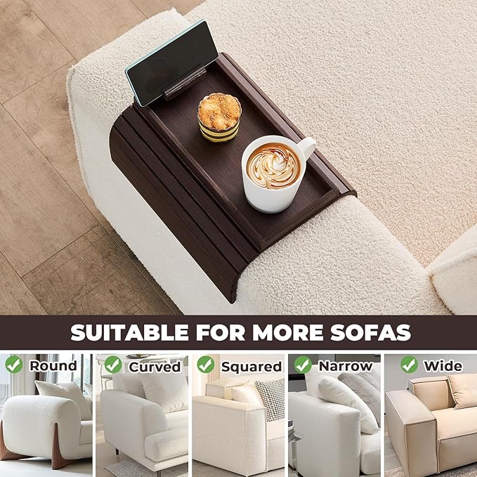 LOVYANXUE Bamboo Sofa Arm Tray, Anti Falling Couch Arm Tray Armrest Table with 360° Rotating Phone Holder, Foldable and Portable Sofa Armrest Trays Cup Holder for Drink,Cups, Phone, Snacks, Remote