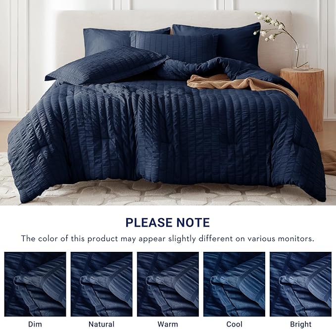 MUXHOMO 7 Pieces Full Comforter Set, Seersucker Bed in a Bag Full Size, All Season Luxury Bedding Set with Comforter, Flat Sheet, Fitted Sheet, Pillowcases & Shams, Navy Blue