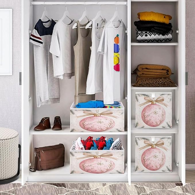 Cute Christmas Ornament Fabric Storage Bins Large Shelf Storage Basket Box Sturdy Foldable Closet Organizer Bins for Living Room Bathroom, 15.7x10.6x7 Inch