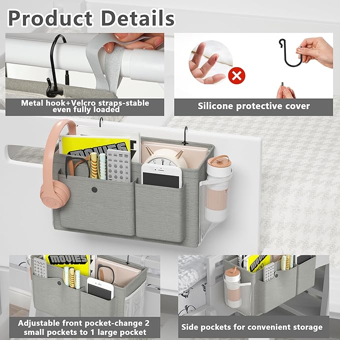 Edudif Bedside Caddy Bedside Organizer with Fixed Straps & Water Bottle Holder, Bunk Bed Caddy ideal for Home, Dorm, Hospital, Crib, Versatile Bedside Storage Solution (Grey 2pcs)