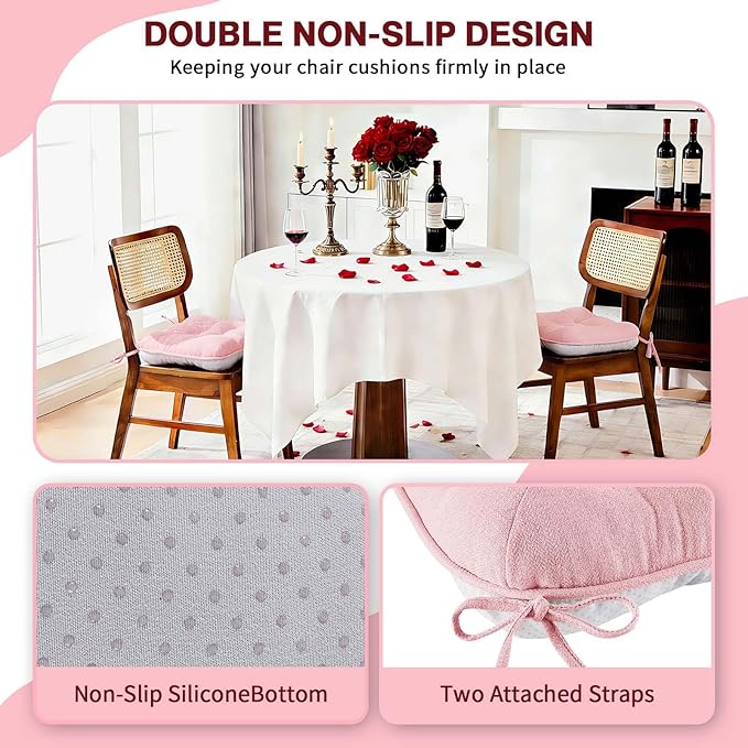 BETU Pink Chair Cushions for Dining Chairs Set of 4,3.5" Thick Kitchen Table Chair Pads with Ties,Non Slip Backing and Covers, Seat Cushion for Dining Room,Bar,Patio Chairs,16"X16"X3.5",Pink