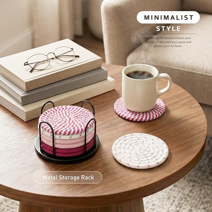 Lazebox Coasters Set of 8 for Drinks, Beer, Coffee, Cotton Woven 4 Colors Absorbent Coaster with Holder, Boho Coasters for Home Decor Tabletop Protection Suitable for Kinds of Cups
