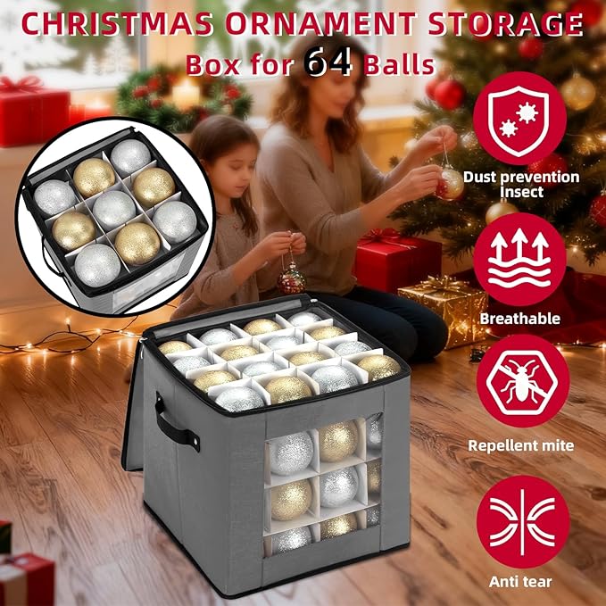 DIMESHY Christmas Ornament Storage Box With Adjustable Dividers,Ornament Storage Container with Two Handles for 64Holiday Decorations,Gray