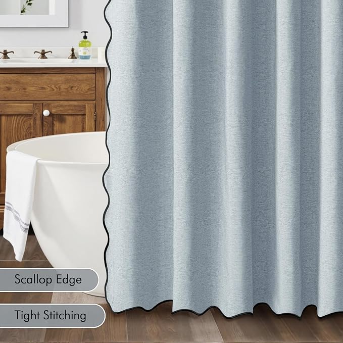 MIULEE Light Blue Scalloped Shower Curtain Linen Textured with 12 Metal Hooks Cute Heavy Duty Washable Waterproof Thick Cloth Shower Curtains with Black Border for Bathroom Hotel Bathtub,W72*L72