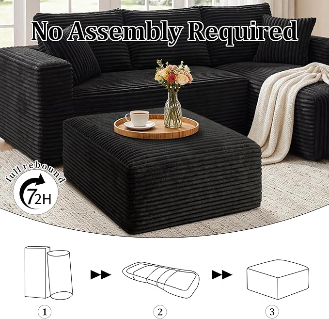 Corduroy Ottoman, Modern Boneless Cloud Foot Rest Foam Support, Oversized Modular Sectional Sofa Stool for Living Room, Bedroom & Small Spaces, No Assembly Required (Black, Ottoman) | Foam Support, Living Room Bedroom, Small Spaces, No Assembly Required