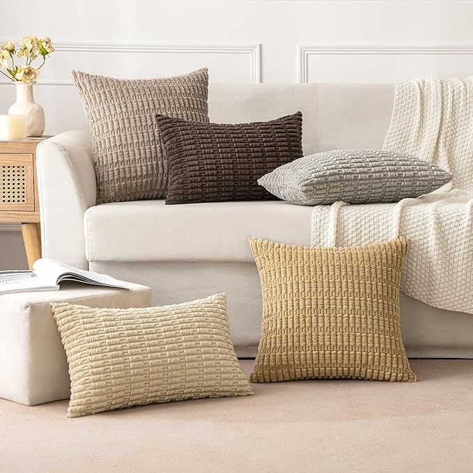 MIULEE Pack of 2 Corduroy Decorative Euro Sham Throw Pillow Covers 26x26 Inch Soft Boho Striped Pillow Covers Modern Farmhouse Home Decor for Sofa Living Room Couch Bed Tan