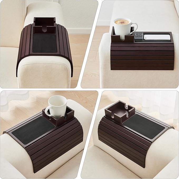 LOVYANXUE Bamboo Couch Cup Holder, Foldable Sofa Arm Tray, Anti-Slip Couch Aremrest Tray Table for Drink, Cup, Remote, Snacks, Cellphone, Portable, Mahogany
