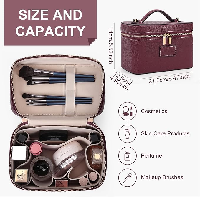 HiTotes Makeup Bag Vanity Case for Women Leather Cosmetic Bag Travel Toiletry Bags Portable Makeup Organizer Case