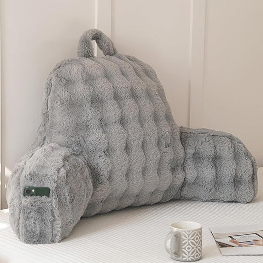 Yaoshuho Faux Fur Reading Pillow for Sitting in Bed, Large Backrest Bed Pillow with Arms, Back Support Pillow for Lounging Bedrest, Gray