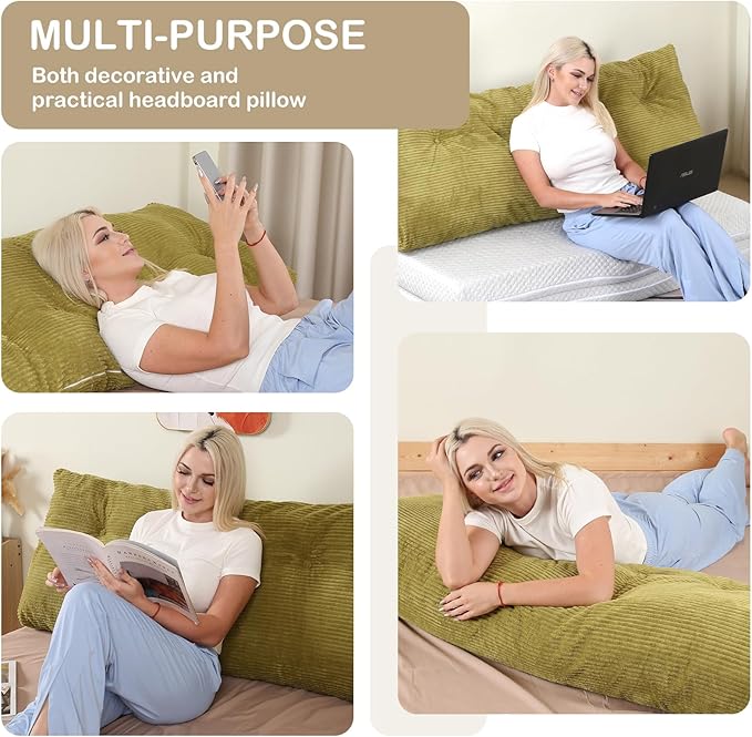 Headboard Pillow Queen, Wedge Headboard Pillow for Bed Sofa, Triangular Backrest Pillow with Removable Cover for Reading, Working, Sitting, Lime Green