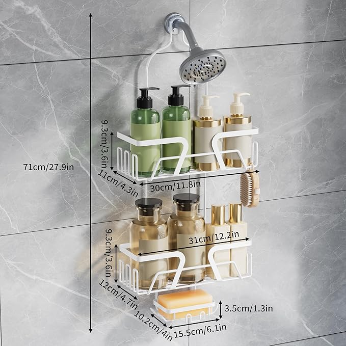 DAOYA White Shower Organizer Hanging - 2 Over The Shower Head Caddies + Soap Dish, Stainless Steel Rust-Free Bath Organizer