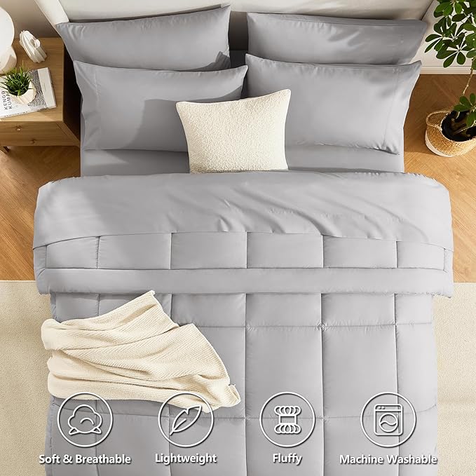 CozyLux King Size Comforter Set French Grey, 7 Pieces Bed in a Bag, Gray Comforter King Size, All Season Bedding Sets with Stitch Quilted Comforter, Flat Sheet, Fitted Sheet, Pillowcases