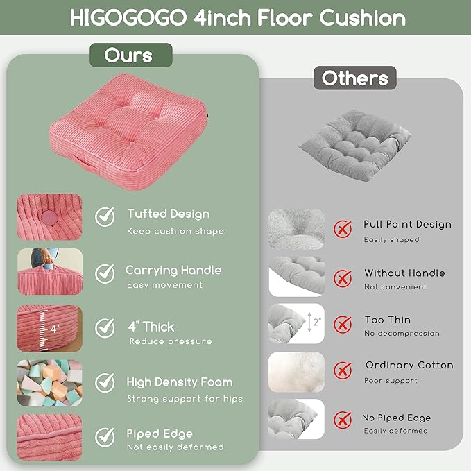 HIGOGOGO Floor Pillow Cushion for Adults, Meditation Cushion Pillow, Large Square Floor Sitting, Tufted Corduroy Cover, for Tatami Living Room or Yoga, 22x22 Inch, Pink