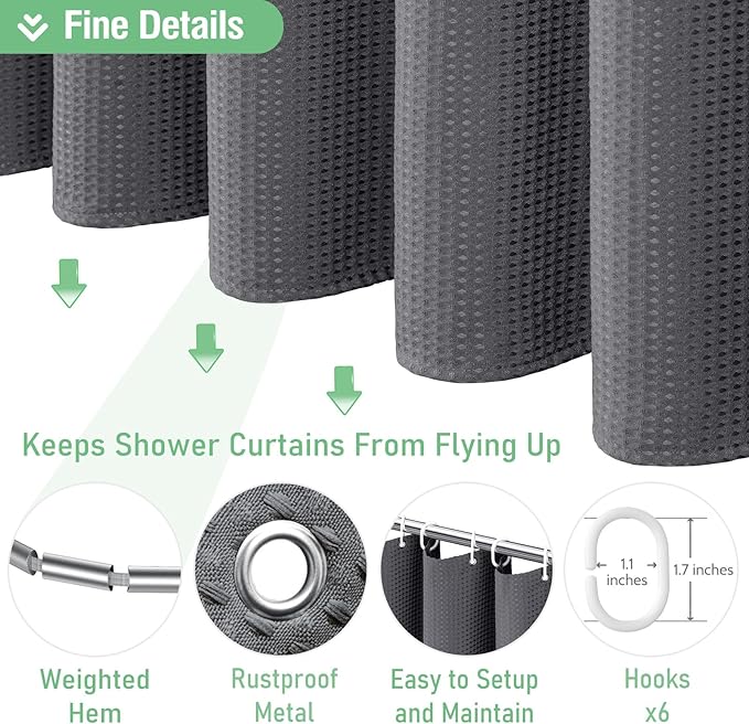 Dynamene Stall Fabric Shower Curtain - 36x72 Waffle Weave Weighted Cloth Shower Curtains for Bathroom, Neutral Heavy Duty Hotel Spa Luxury Bath Curtain Set with 6 Plastic Hooks,Charcoal Grey
