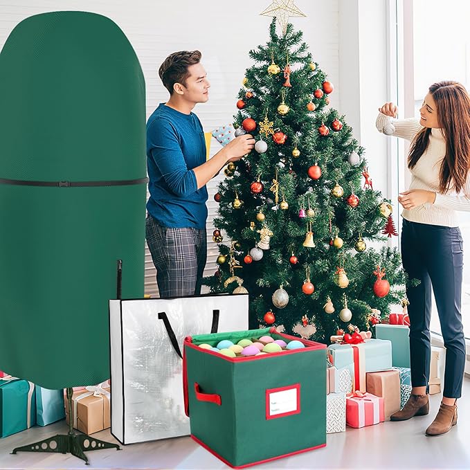 SATINIOR 6 Pcs Upright Christmas Tree Storage Bag Set 9 Ft Christmas Tree Storage Bag 26" Xmas Wreath Containers 11.8" Ornament Bags with Dividers Hold 64 Balls for Artificial Trees Garland(Green)