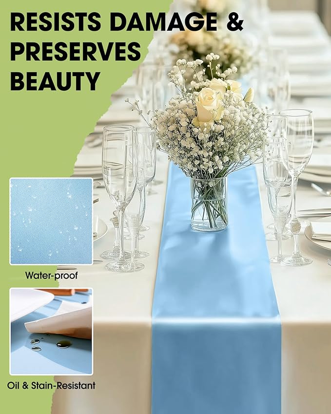 Pureegg Light Blue Plastic Table Runners - 10 Pack, 14'' x 108'', Water Resistant & Disposable Centerpiece Decorations for Table Cloth, Wedding, Birthday, Holiday, Baby Shower, Party, Home Decor