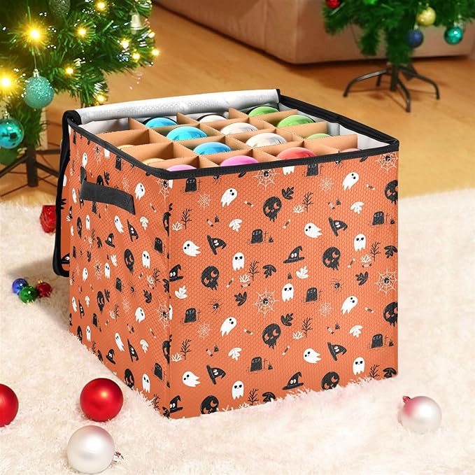 YETTASBIN Halloween Ghost Pumpkin Large Christmas Ornament Storage Box with Zipper & Adjustable Dividers, Storage Container with Lid & Handles for 64 Holiday Ornaments 3-Inch, 13 x 13 Inch