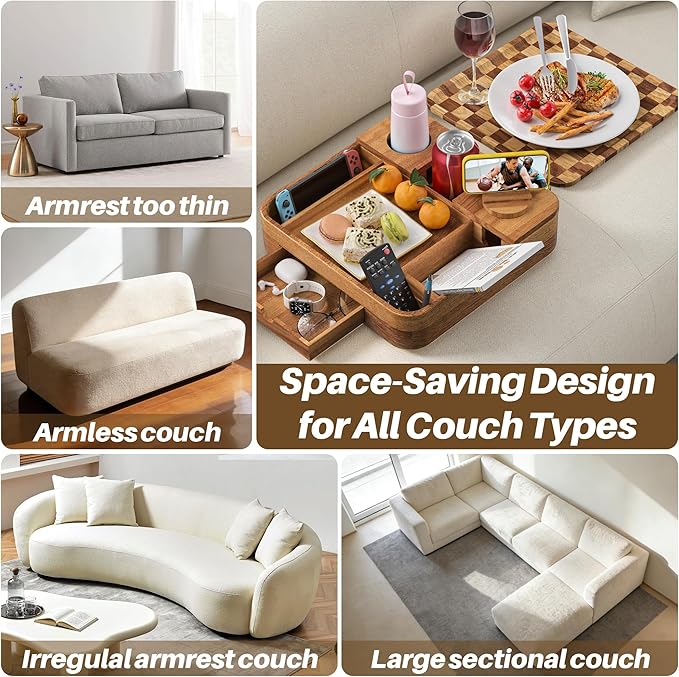 Couch Cup Holder, Checkered Couch Tray Cup Holder Sofa Tray, Acacia Wood Large Capacity 2-Tier Wooden Trays with Drawer for Sofa, Bed, Picnic, Drinks, Snacks, Remote, Cell Phone 12.5 * 12.5 in
