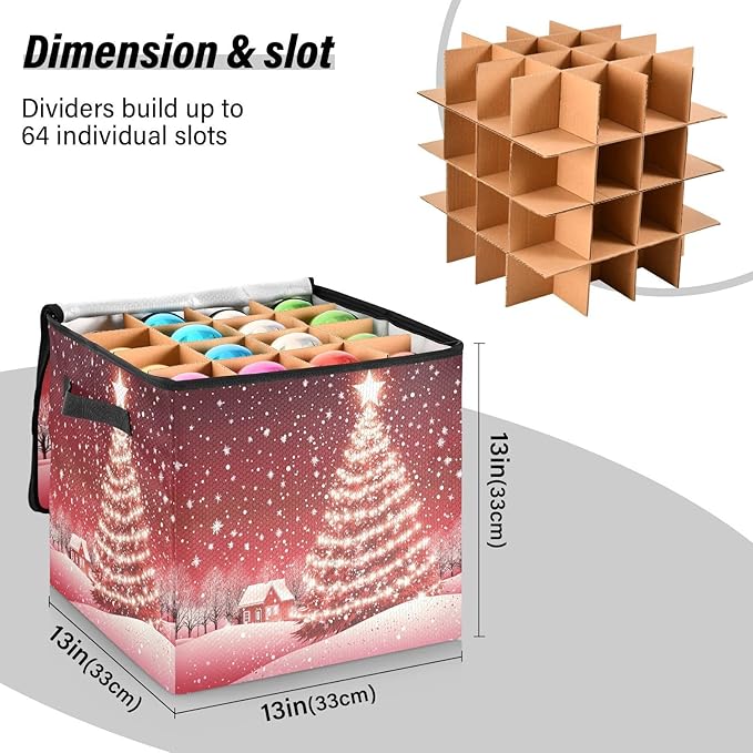 Red Christmas Tree Ornament Storage Basket Box Xmas Jingle Bells Winter Holiday Storage Container Cube with Adjustable Dividers for 64 Holiday Ornaments or Decorations Keeps Clean and Dry