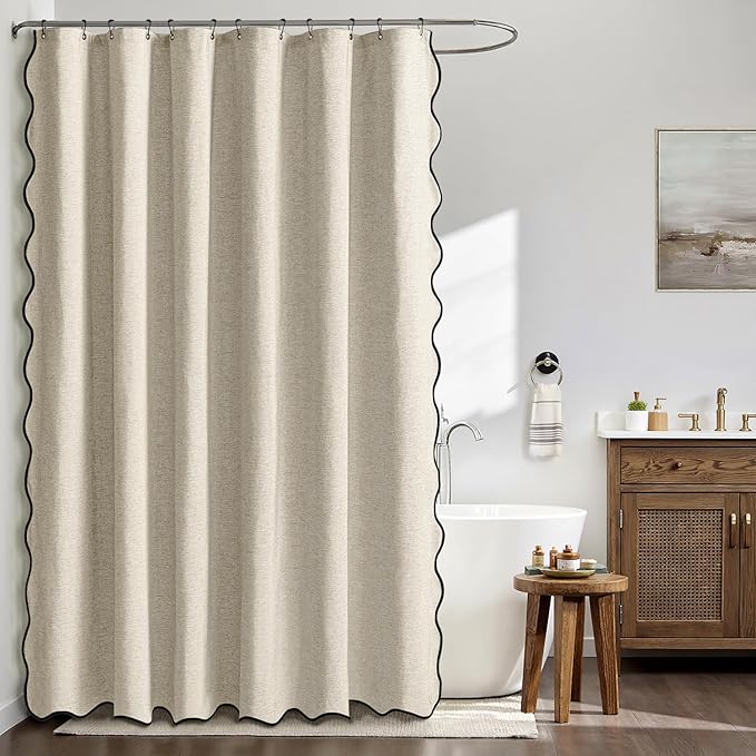 MIULEE 84" Long Scalloped Shower Curtain Linen Textured with 12 Metal Hooks Cute Extra Long Heavy Duty Washable Waterproof Cloth Shower Curtains with Black Border for Bathroom Hotel Bathtub,Natural